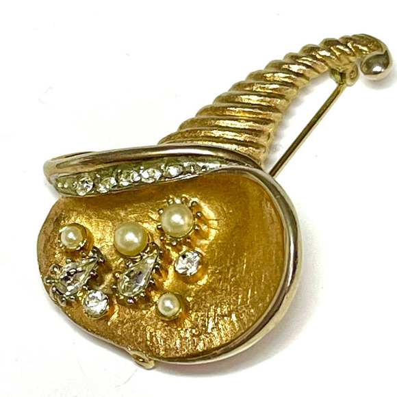 VINTAGE Brooch Unique Cornucopia Rhinestone Vtg Costume Jewelry Pin JU09 - Picture 2 of 5